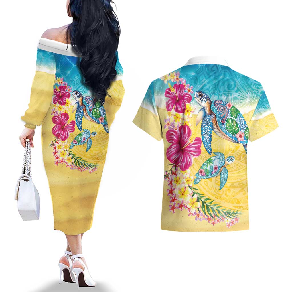Hawaiian Tropical Plants Turtles Couples Matching Off The Shoulder Long Sleeve Dress and Hawaiian Shirt Watercolor Style - Polynesian Pride