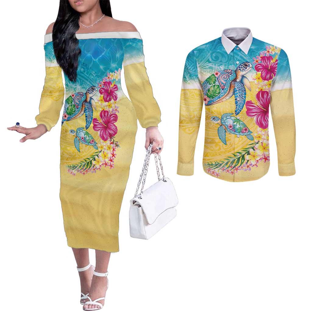Hawaiian Tropical Plants Turtles Couples Matching Off The Shoulder Long Sleeve Dress and Long Sleeve Button Shirt Watercolor Style - Polynesian Pride