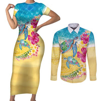 Hawaiian Tropical Plants Turtles Couples Matching Short Sleeve Bodycon Dress and Long Sleeve Button Shirt Watercolor Style - Polynesian Pride