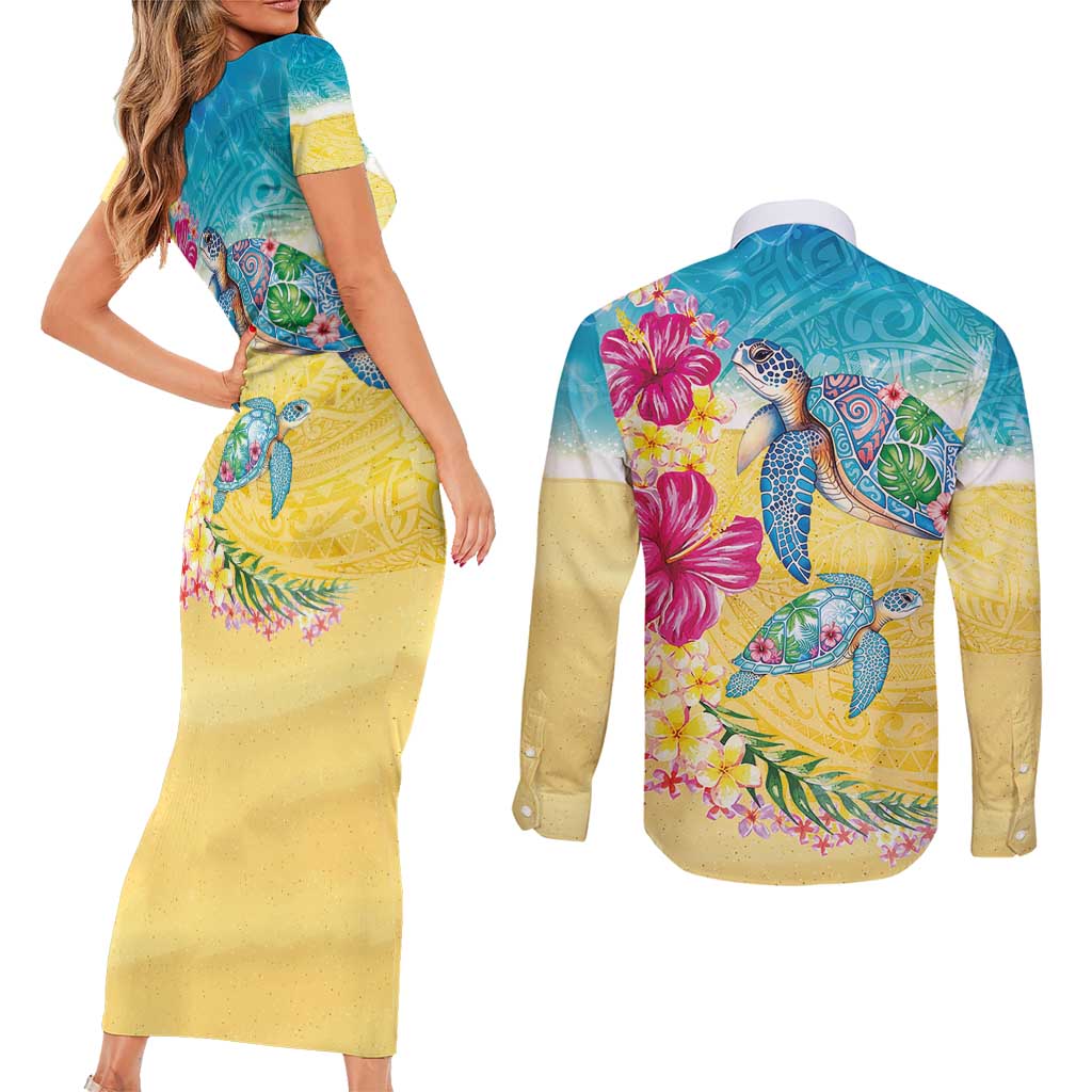 Hawaiian Tropical Plants Turtles Couples Matching Short Sleeve Bodycon Dress and Long Sleeve Button Shirt Watercolor Style - Polynesian Pride