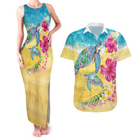 Hawaiian Tropical Plants Turtles Couples Matching Tank Maxi Dress and Hawaiian Shirt Watercolor Style - Polynesian Pride