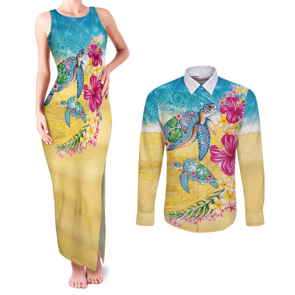 Hawaiian Tropical Plants Turtles Couples Matching Tank Maxi Dress and Long Sleeve Button Shirt Watercolor Style - Polynesian Pride