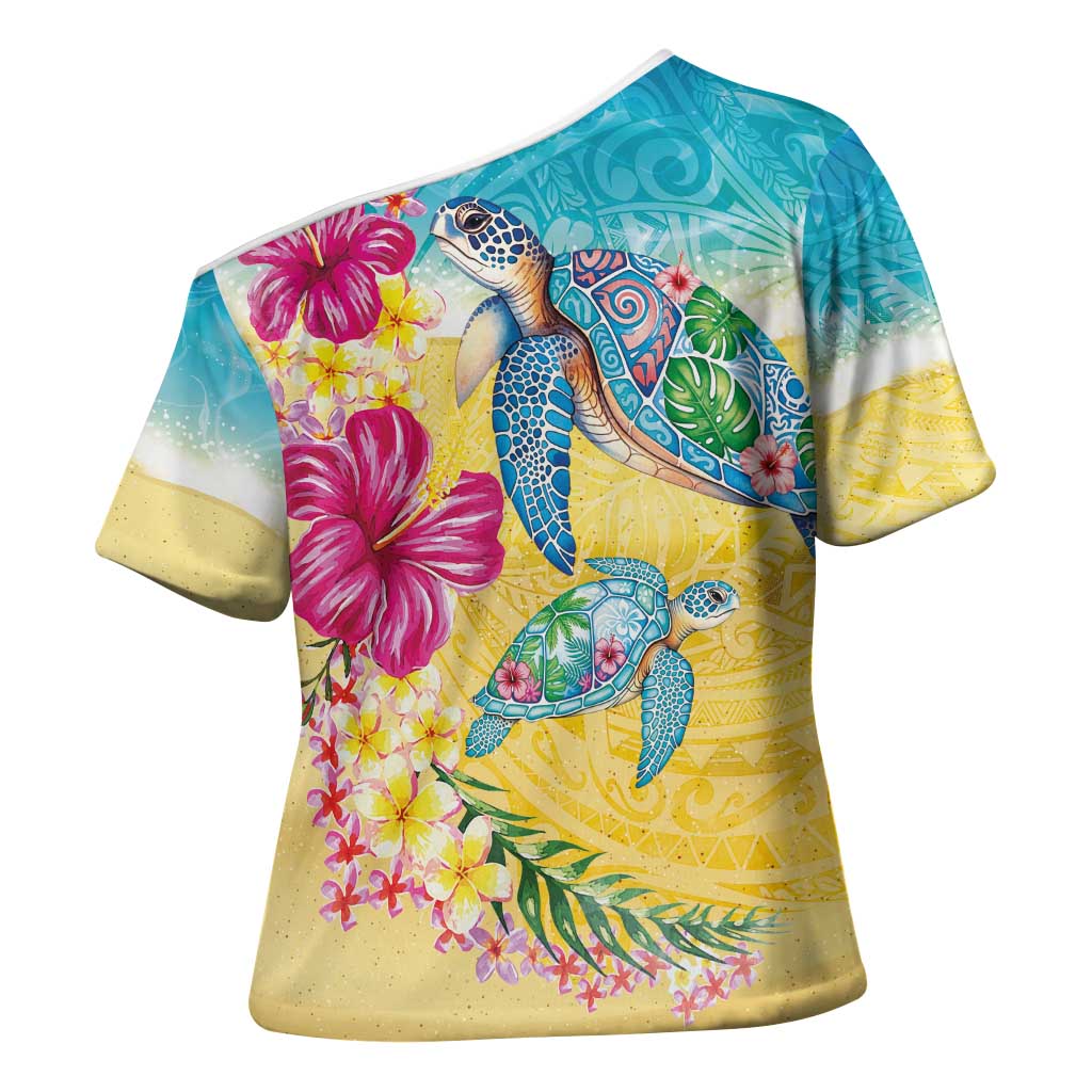 Hawaiian Tropical Plants Turtles Cross Shoulder Shirt Watercolor Style - Polynesian Pride