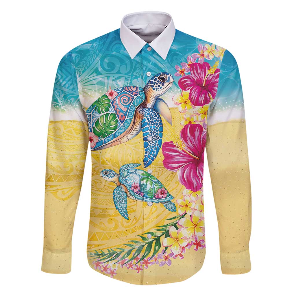 Hawaiian Tropical Plants Turtles Family Matching Long Sleeve Bodycon Dress and Hawaiian Shirt Watercolor Style - Polynesian Pride