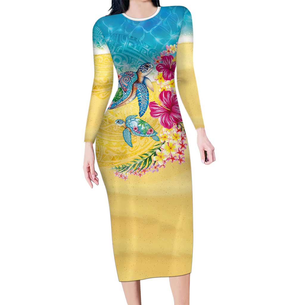 Hawaiian Tropical Plants Turtles Family Matching Long Sleeve Bodycon Dress and Hawaiian Shirt Watercolor Style - Polynesian Pride
