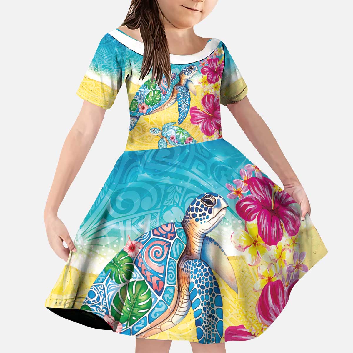 Hawaiian Tropical Plants Turtles Family Matching Off The Shoulder Long Sleeve Dress and Hawaiian Shirt Watercolor Style - Polynesian Pride