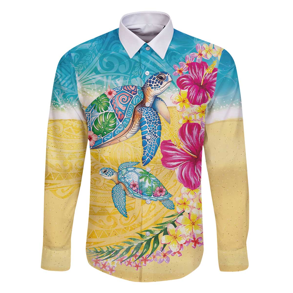 Hawaiian Tropical Plants Turtles Family Matching Off The Shoulder Long Sleeve Dress and Hawaiian Shirt Watercolor Style - Polynesian Pride