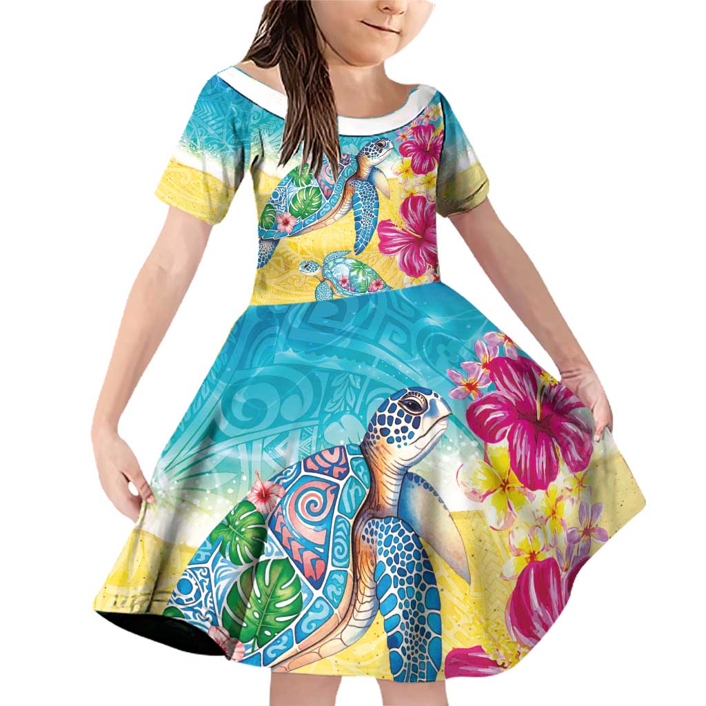 Hawaiian Tropical Plants Turtles Family Matching Off Shoulder Short Dress and Hawaiian Shirt Watercolor Style - Polynesian Pride