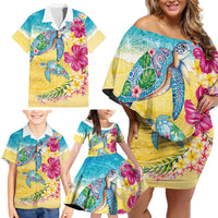 Hawaiian Tropical Plants Turtles Family Matching Off Shoulder Short Dress and Hawaiian Shirt Watercolor Style - Polynesian Pride