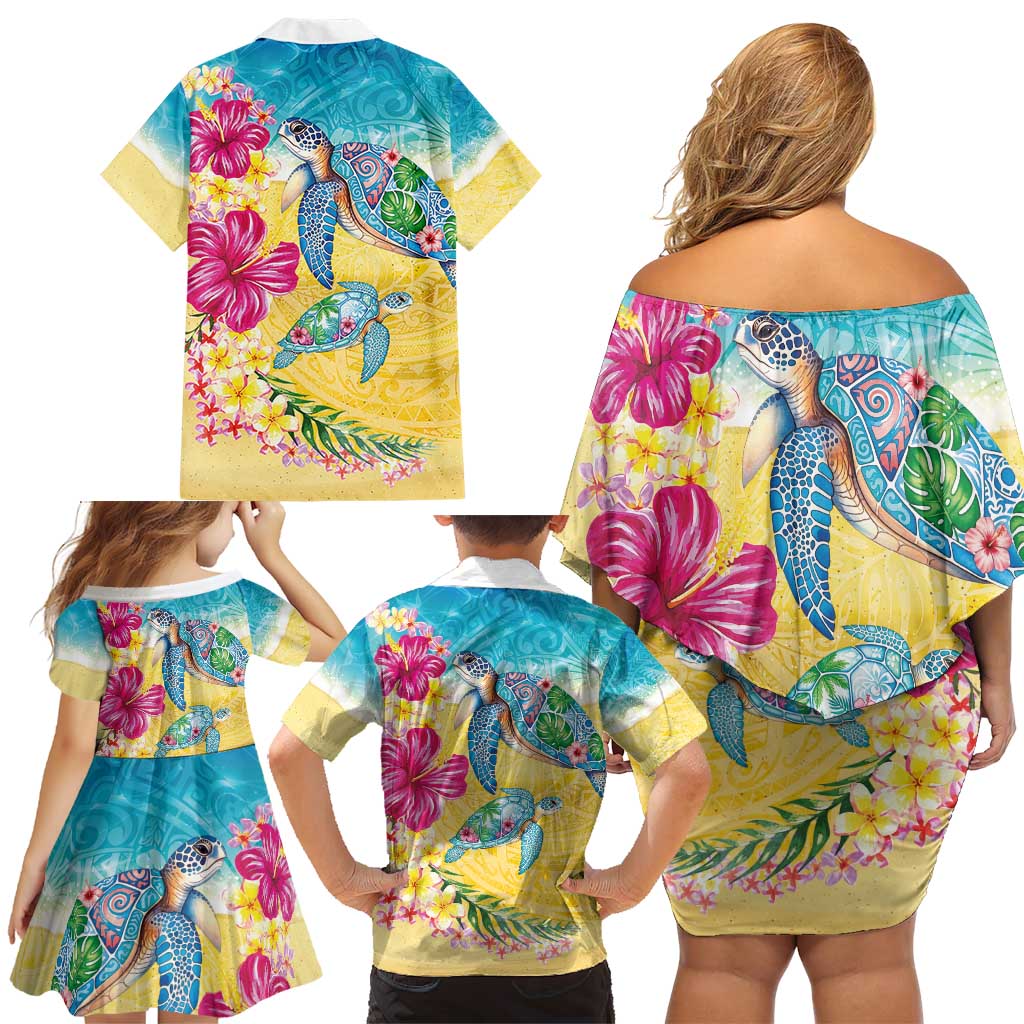 Hawaiian Tropical Plants Turtles Family Matching Off Shoulder Short Dress and Hawaiian Shirt Watercolor Style - Polynesian Pride