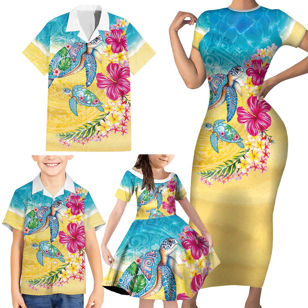 Hawaiian Tropical Plants Turtles Family Matching Short Sleeve Bodycon Dress and Hawaiian Shirt Watercolor Style - Polynesian Pride