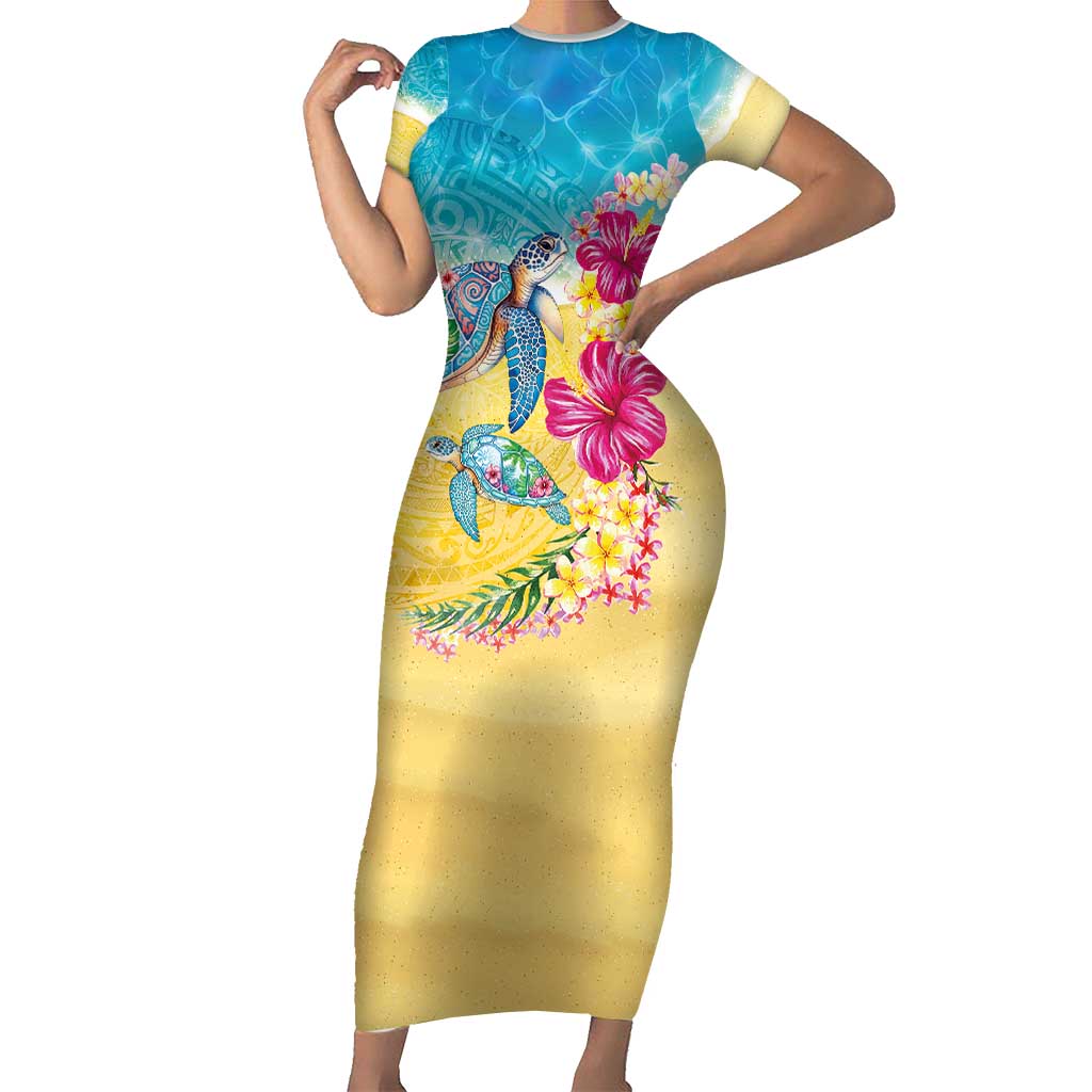 Hawaiian Tropical Plants Turtles Family Matching Short Sleeve Bodycon Dress and Hawaiian Shirt Watercolor Style - Polynesian Pride