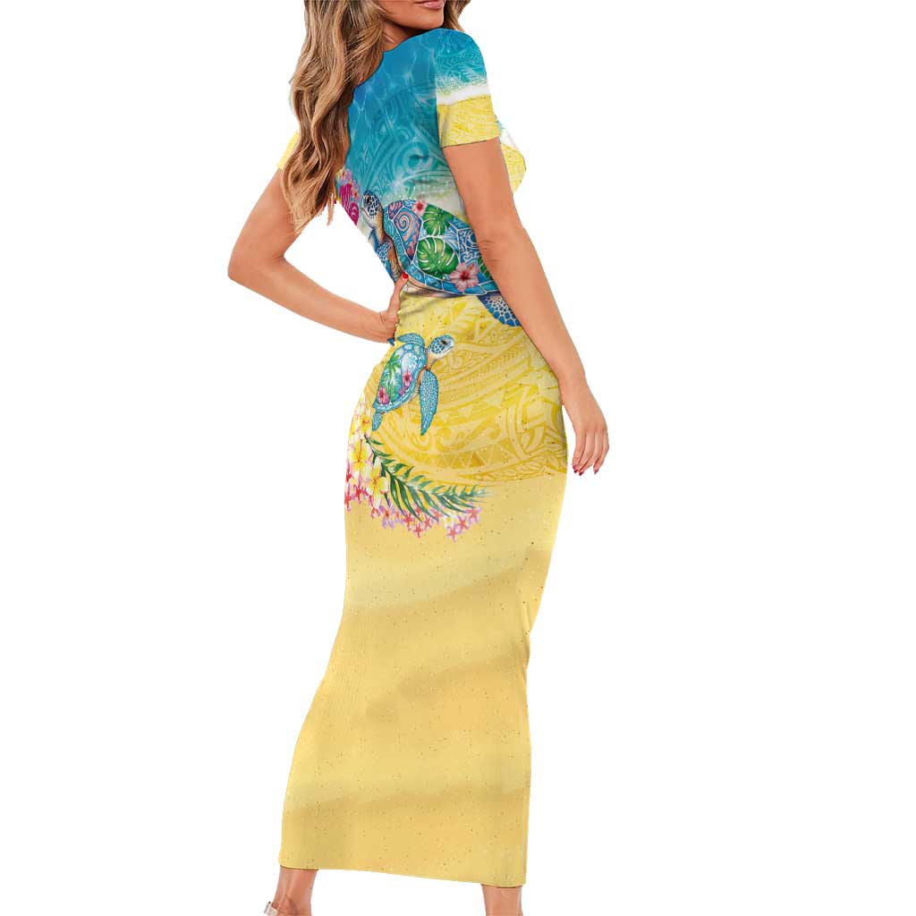 Hawaiian Tropical Plants Turtles Family Matching Short Sleeve Bodycon Dress and Hawaiian Shirt Watercolor Style - Polynesian Pride
