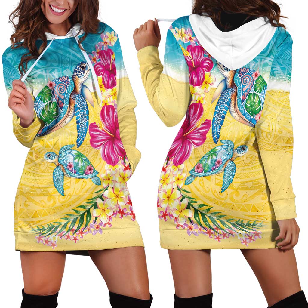 Hawaiian Tropical Plants Turtles Hoodie Dress Watercolor Style - Polynesian Pride