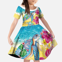 Hawaiian Tropical Plants Turtles Kid Short Sleeve Dress Watercolor Style - Polynesian Pride