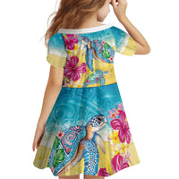 Hawaiian Tropical Plants Turtles Kid Short Sleeve Dress Watercolor Style - Polynesian Pride