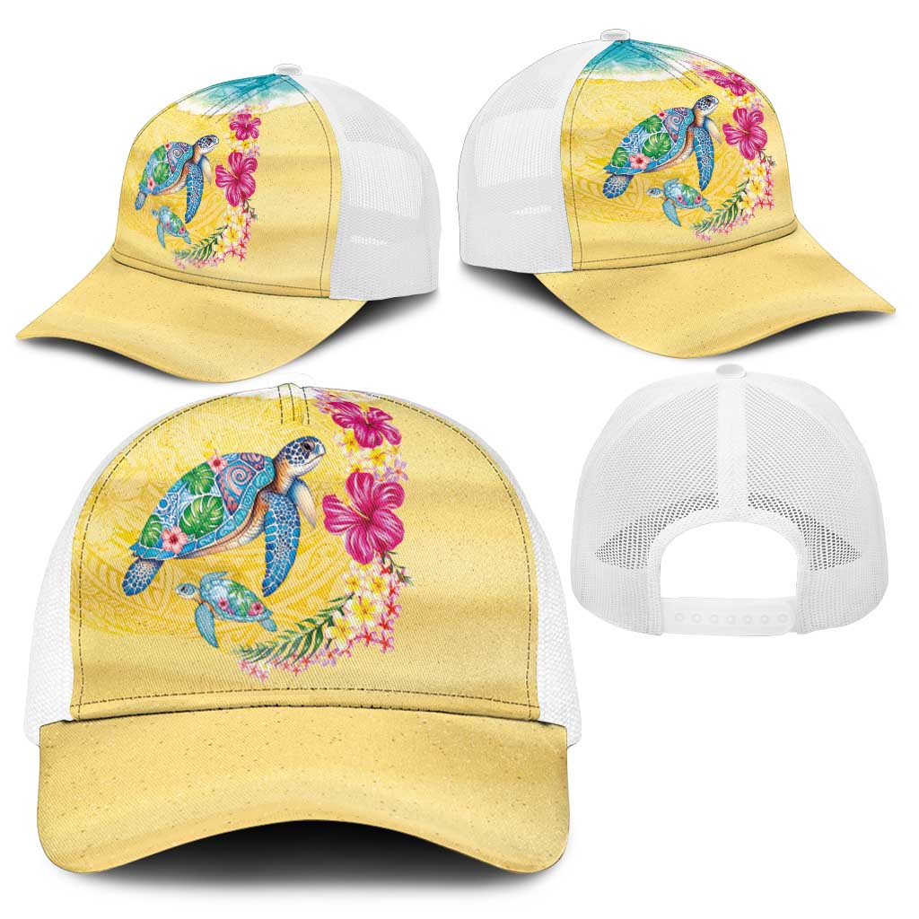 Hawaiian Tropical Plants Turtles Mesh Trucker Cap Watercolor Style - Polynesian Pride