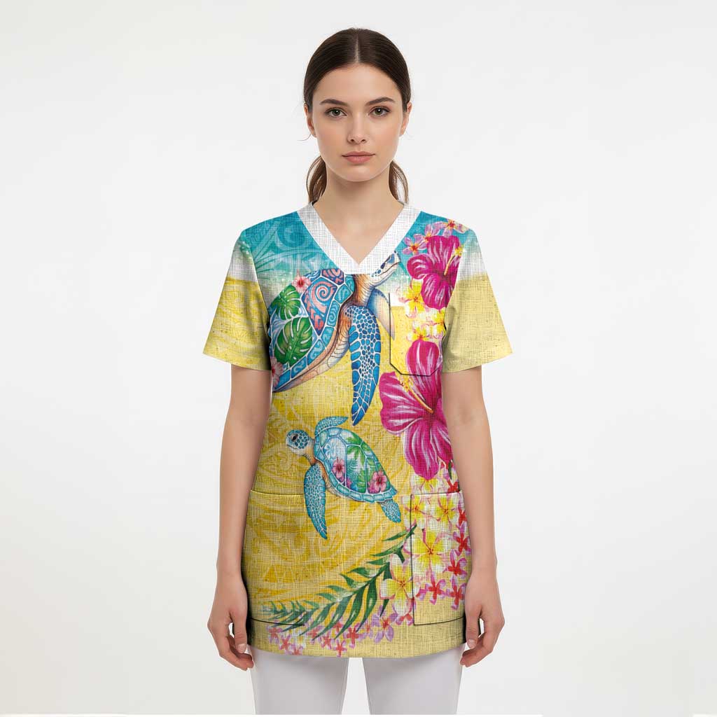 Hawaiian Tropical Plants Turtles Scrub Top Watercolor Style - Polynesian Pride