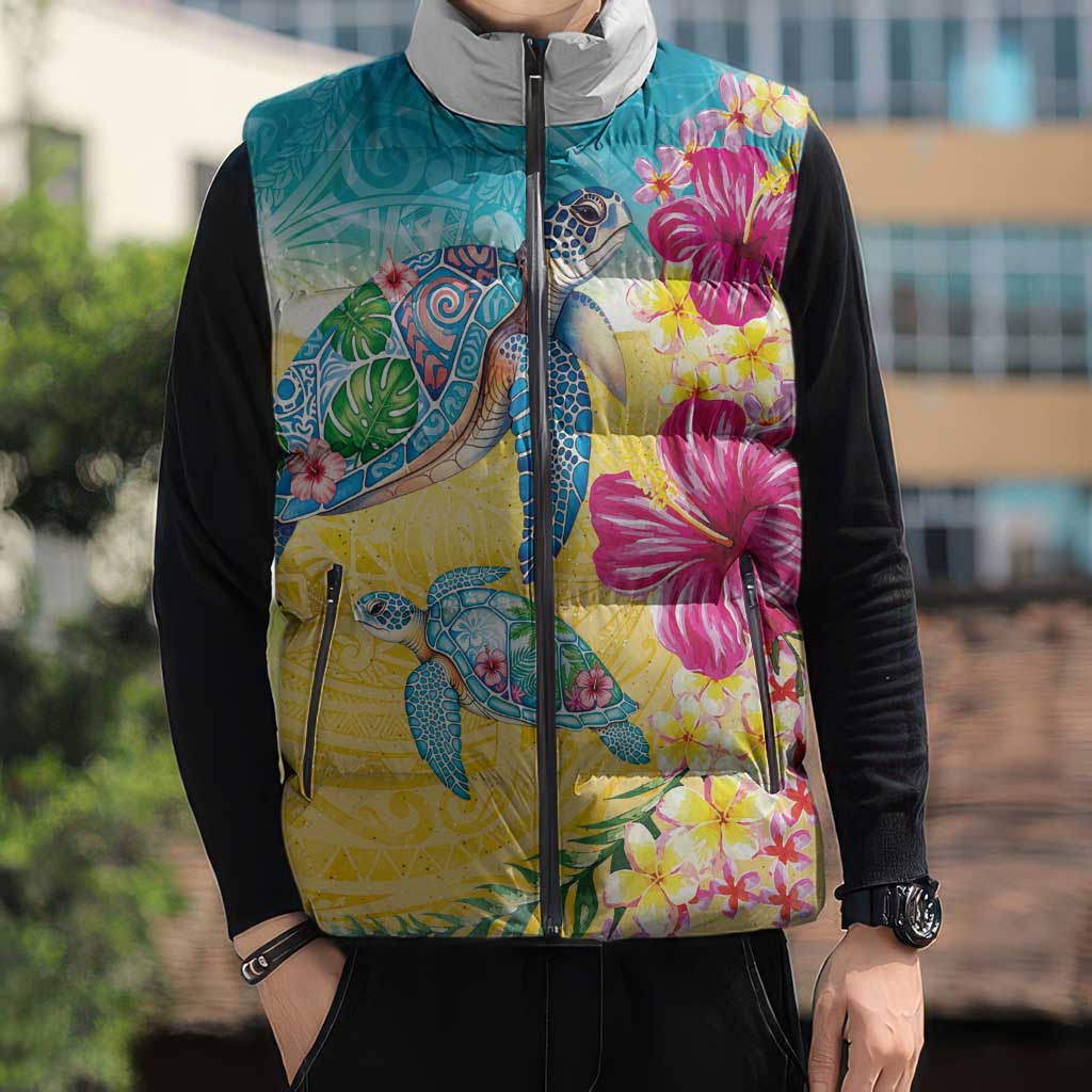 Hawaiian Tropical Plants Turtles Sleeveless Puffer Jacket Watercolor Style - Polynesian Pride