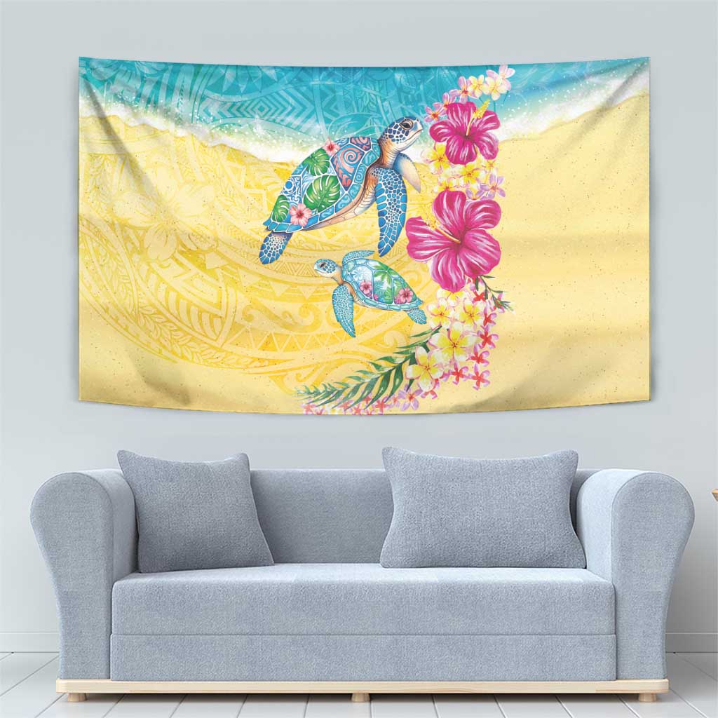 Hawaiian Tropical Plants Turtles Tapestry Watercolor Style - Polynesian Pride