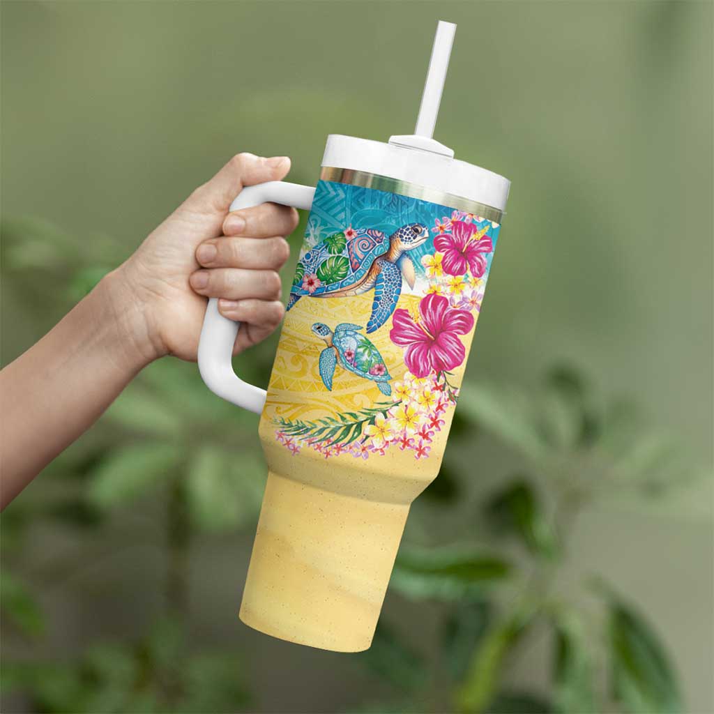 Hawaiian Tropical Plants Turtles Tumbler With Handle Watercolor Style - Polynesian Pride