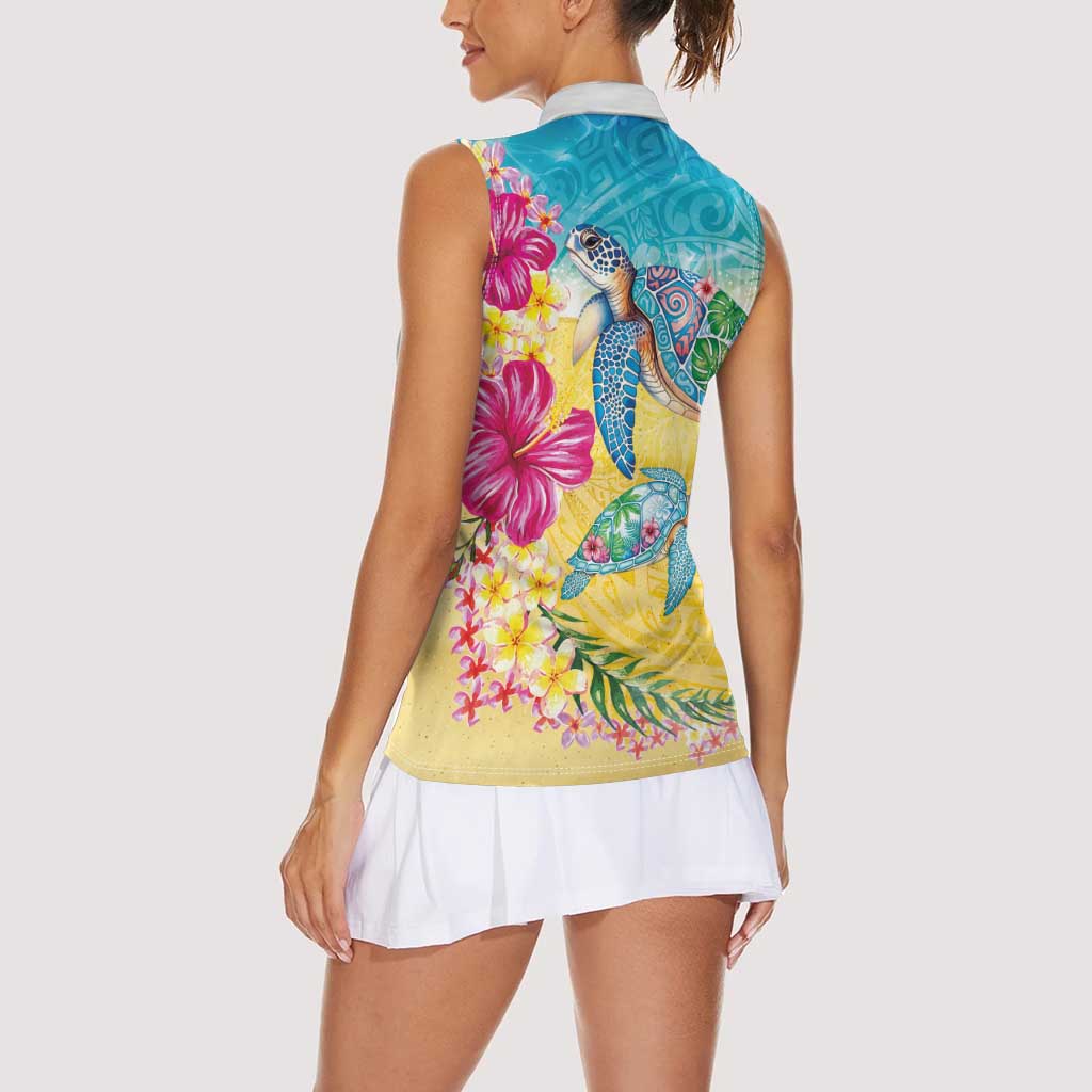 Hawaiian Tropical Plants Turtles Women Sleeveless Polo Shirt Watercolor Style - Polynesian Pride