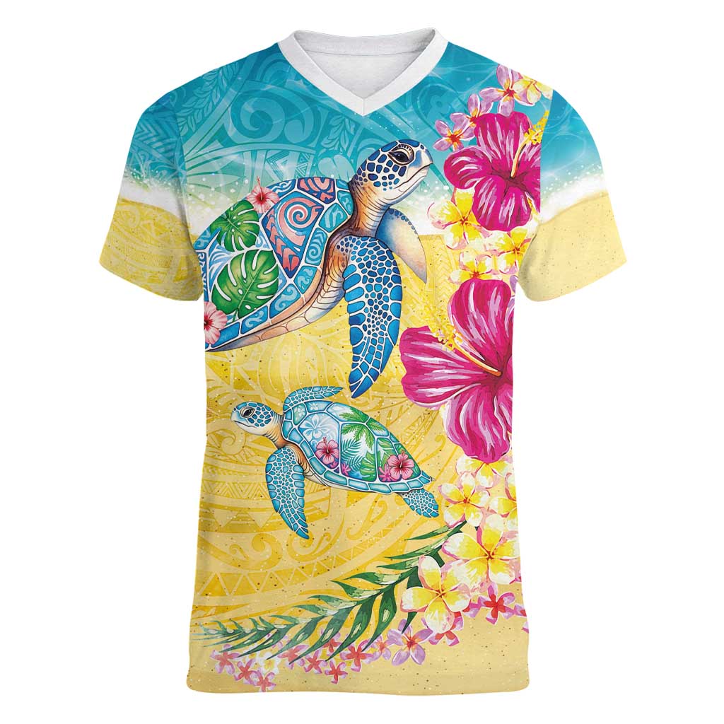 Hawaiian Tropical Plants Turtles Women V-Neck T-Shirt Watercolor Style - Polynesian Pride