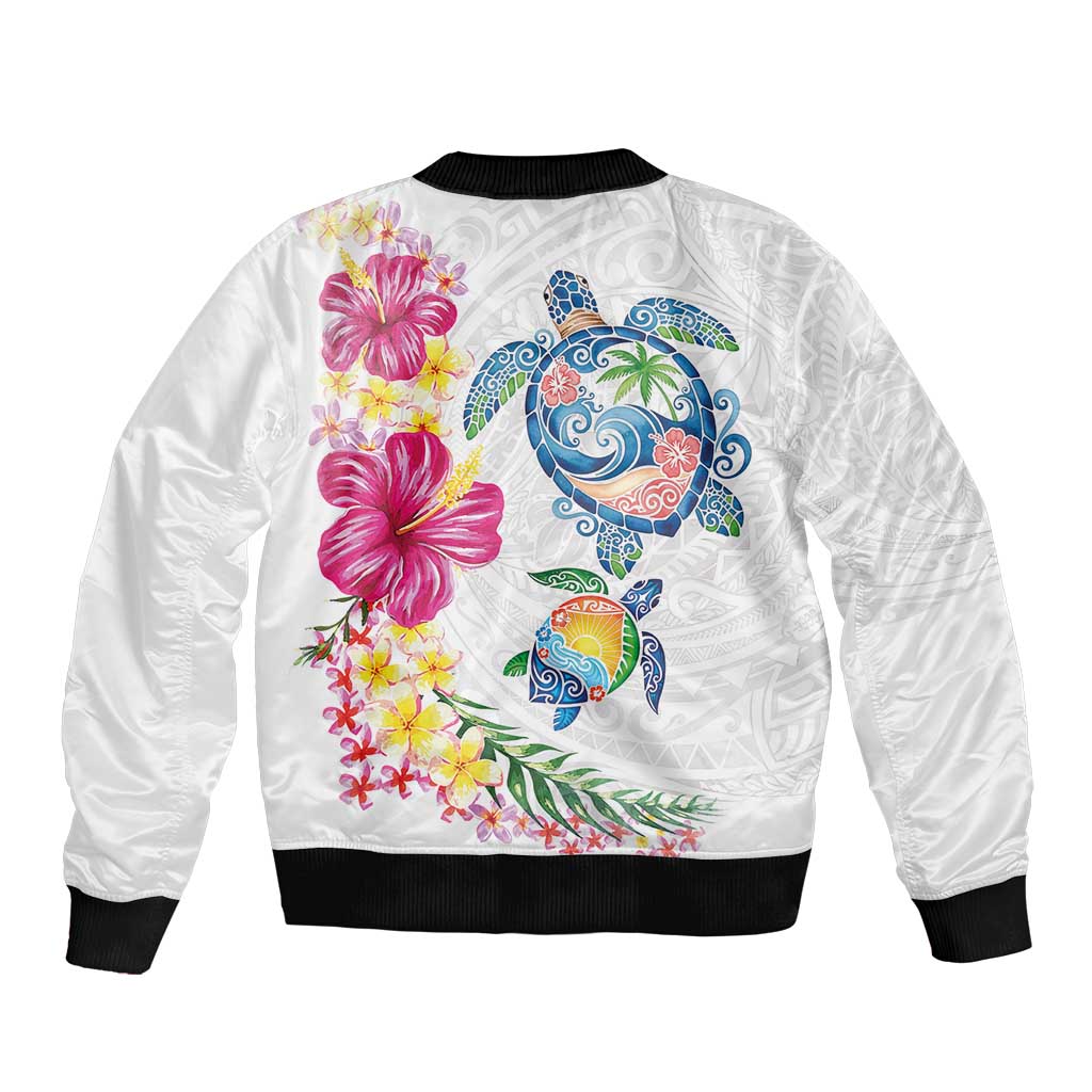 Hawaiian Abstract Art Turtles Bomber Jacket with Plumeria and Hibiscus - Polynesian Pride