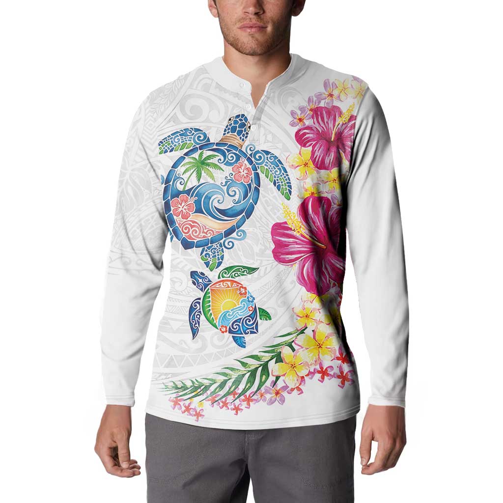 Hawaiian Abstract Art Turtles Button Sweatshirt with Plumeria and Hibiscus - Polynesian Pride