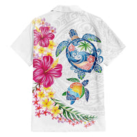 Hawaiian Abstract Art Turtles Family Matching Off Shoulder Short Dress and Hawaiian Shirt with Plumeria and Hibiscus - Polynesian Pride