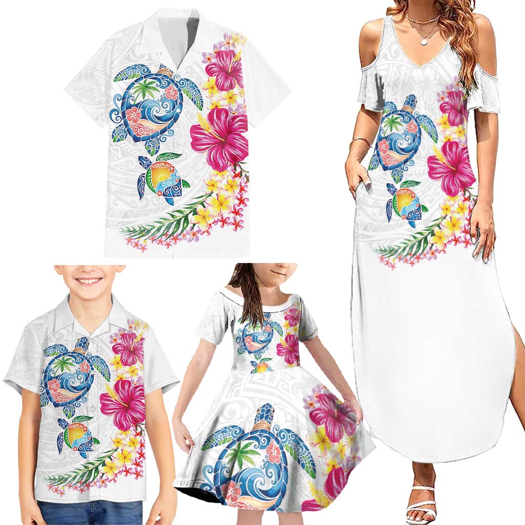 Hawaiian Abstract Art Turtles Family Matching Summer Maxi Dress and Hawaiian Shirt with Plumeria and Hibiscus - Polynesian Pride