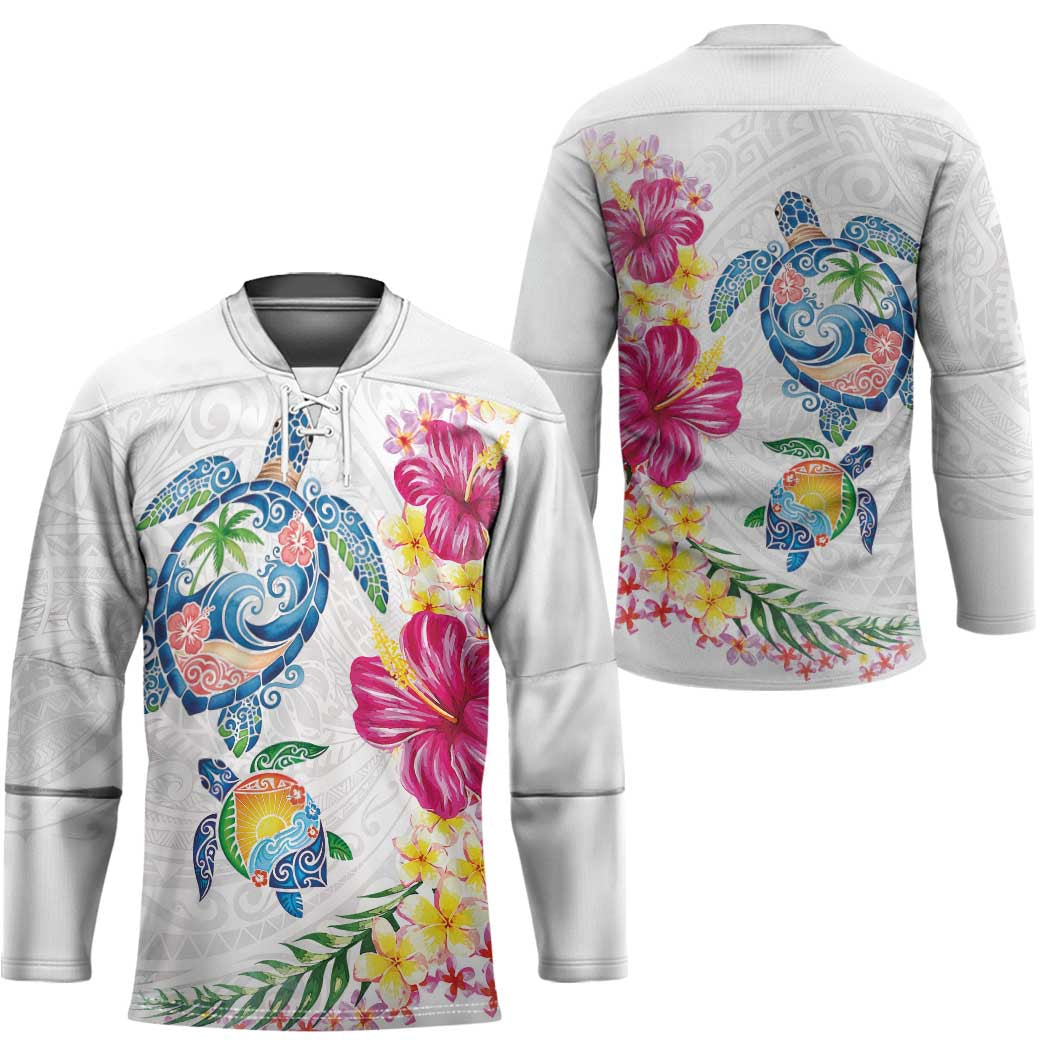 Hawaiian Abstract Art Turtles Hockey Jersey with Plumeria and Hibiscus - Polynesian Pride