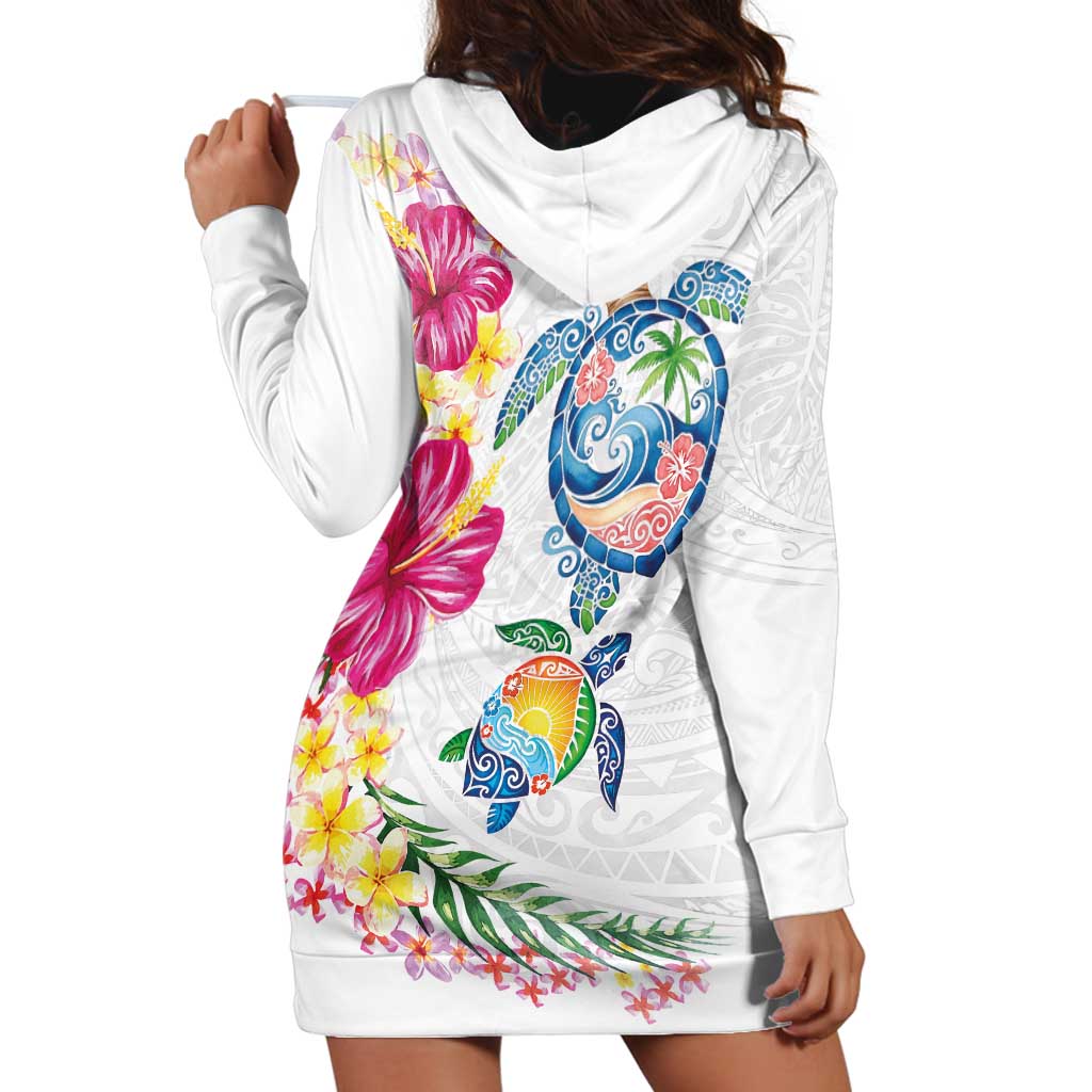 Hawaiian Abstract Art Turtles Hoodie Dress with Plumeria and Hibiscus - Polynesian Pride