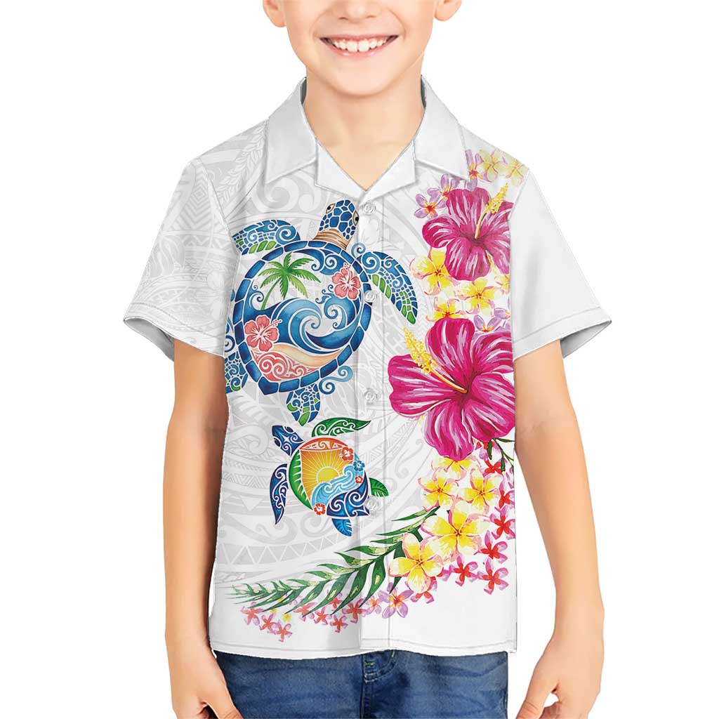 Hawaiian Abstract Art Turtles Kid Hawaiian Shirt with Plumeria and Hibiscus - Polynesian Pride