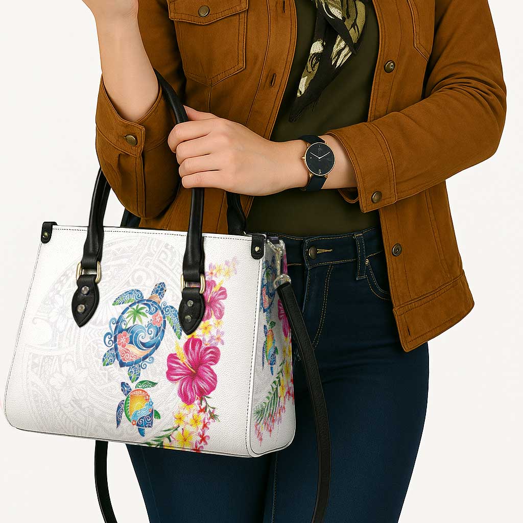 Hawaiian Abstract Art Turtles Leather Bag with Plumeria and Hibiscus - Polynesian Pride