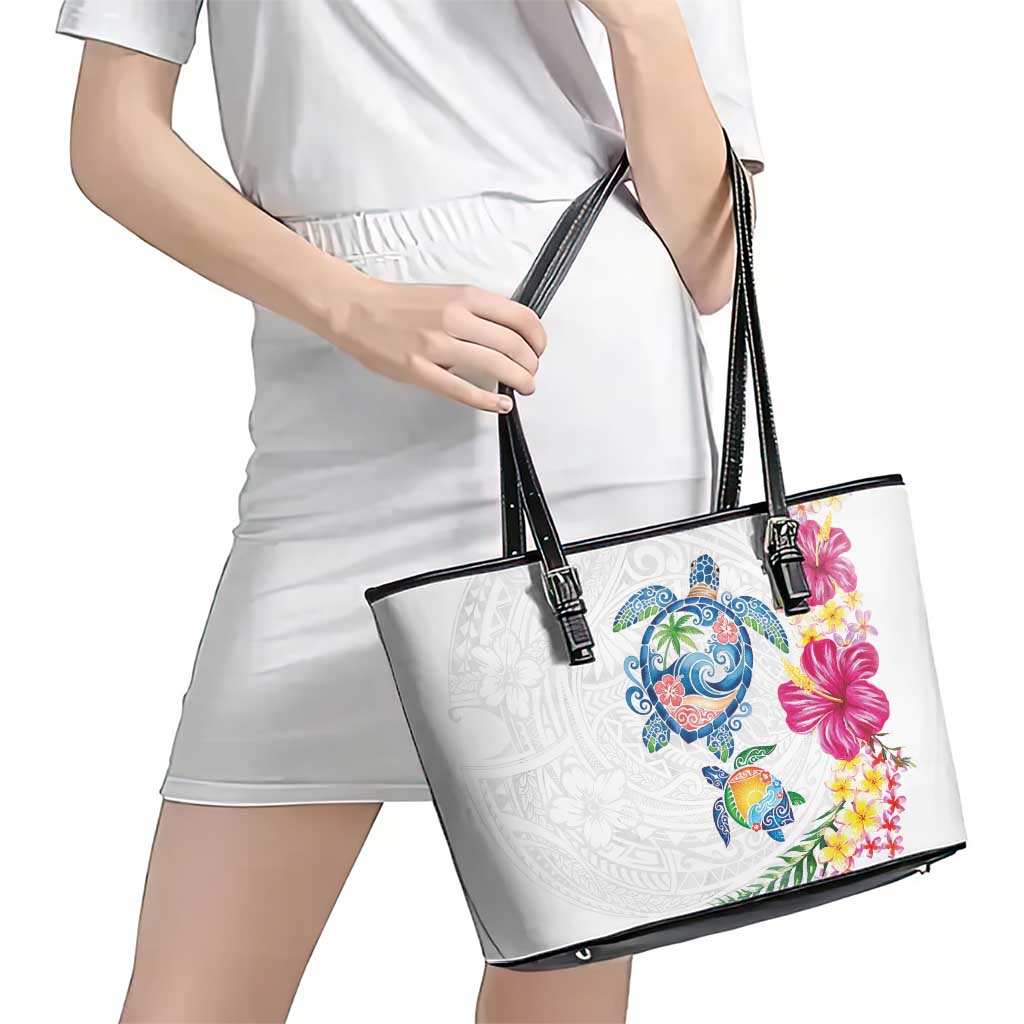 Hawaiian Abstract Art Turtles Leather Tote Bag with Plumeria and Hibiscus - Polynesian Pride