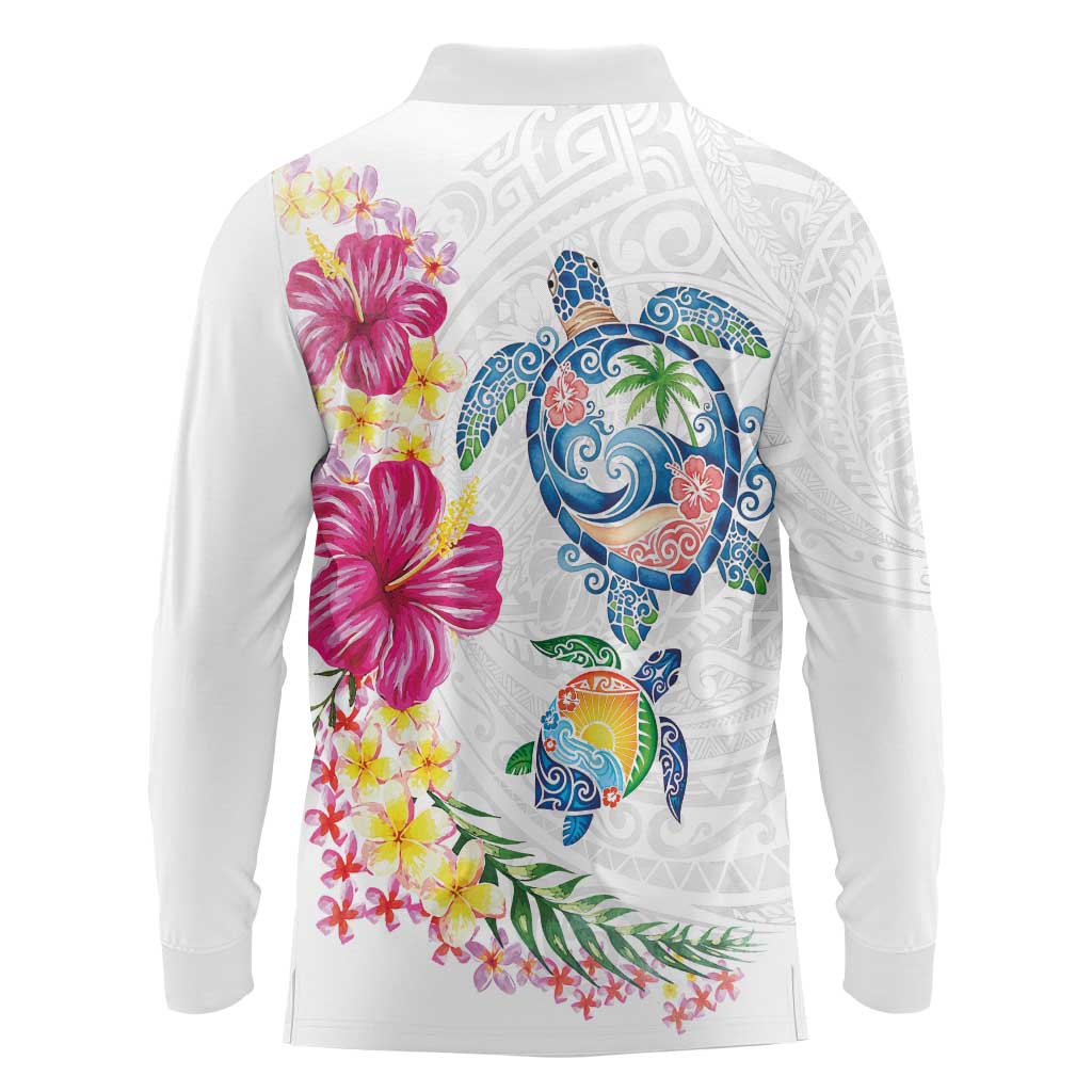 Hawaiian Abstract Art Turtles Long Sleeve Polo Shirt with Plumeria and Hibiscus - Polynesian Pride