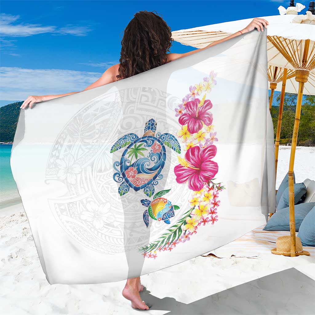 Hawaiian Abstract Art Turtles Sarong with Plumeria and Hibiscus LT03 One Size 44 x 66 inches White - Polynesian Pride