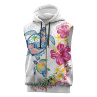 Hawaiian Abstract Art Turtles Sleeveless Zip Hoodie with Plumeria and Hibiscus - Polynesian Pride