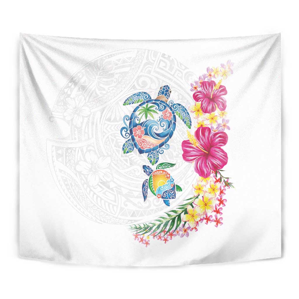 Hawaiian Abstract Art Turtles Tapestry with Plumeria and Hibiscus - Polynesian Pride