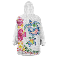 Hawaiian Abstract Art Turtles Wearable Blanket Hoodie with Plumeria and Hibiscus - Polynesian Pride