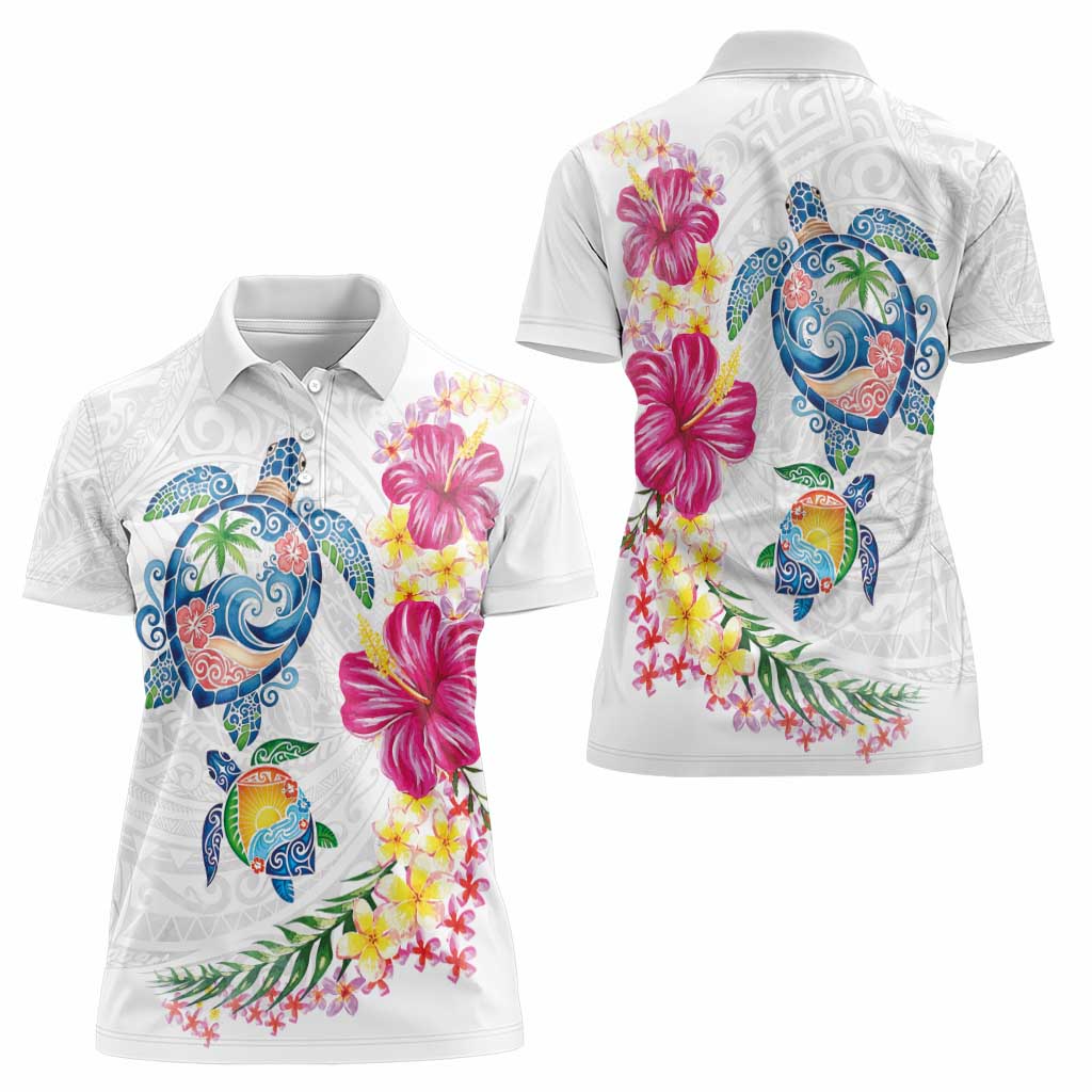 Hawaiian Abstract Art Turtles Women Polo Shirt with Plumeria and Hibiscus - Polynesian Pride