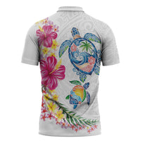 Hawaiian Abstract Art Turtles Zipper Polo Shirt with Plumeria and Hibiscus - Polynesian Pride