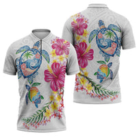 Hawaiian Abstract Art Turtles Zipper Polo Shirt with Plumeria and Hibiscus - Polynesian Pride