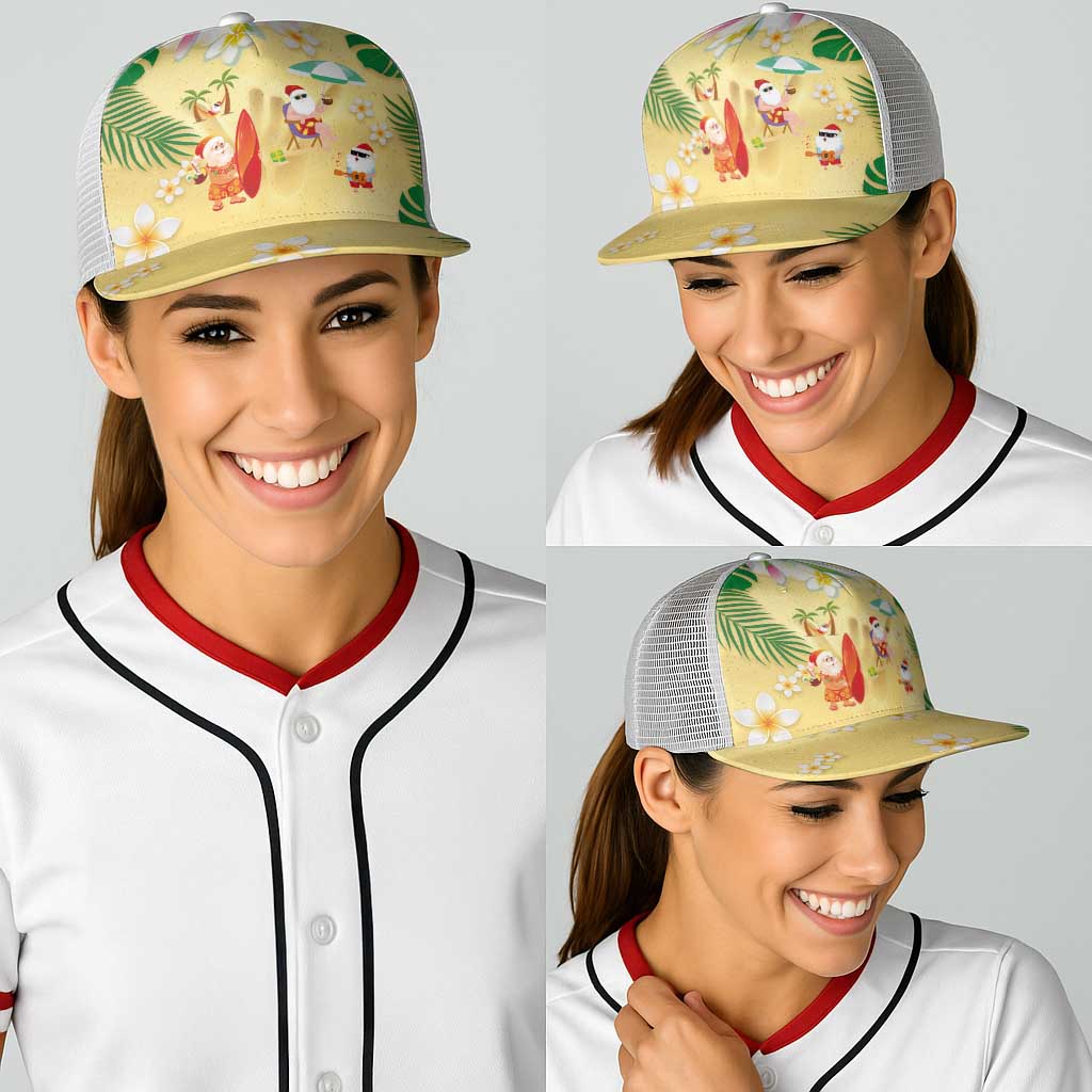 Hawaiian Mele Kalikimaka Baseball Net Cap Funny Santa Claus on Beach with Tropical Plants and Lei - Polynesian Pride