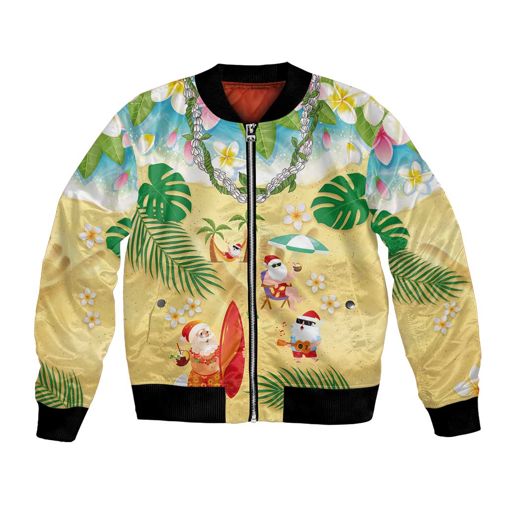 Hawaiian Mele Kalikimaka Bomber Jacket Tropical Plumeria and Lei Funny Santa Beach - Polynesian Pride