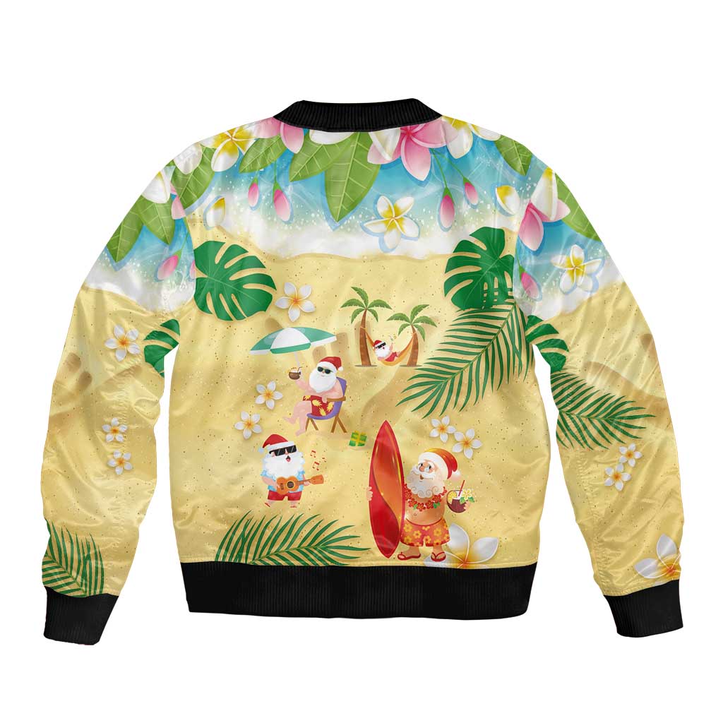 Hawaiian Mele Kalikimaka Bomber Jacket Tropical Plumeria and Lei Funny Santa Beach - Polynesian Pride