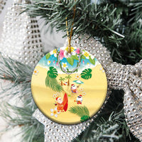Hawaiian Mele Kalikimaka Ceramic Ornament Funny Santa Claus on Beach with Tropical Plants and Lei - Polynesian Pride