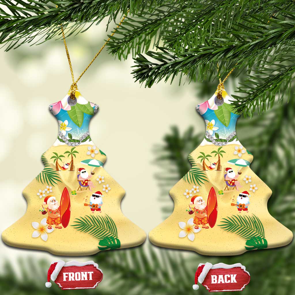 Hawaiian Mele Kalikimaka Ceramic Ornament Funny Santa Claus on Beach with Tropical Plants and Lei - Polynesian Pride