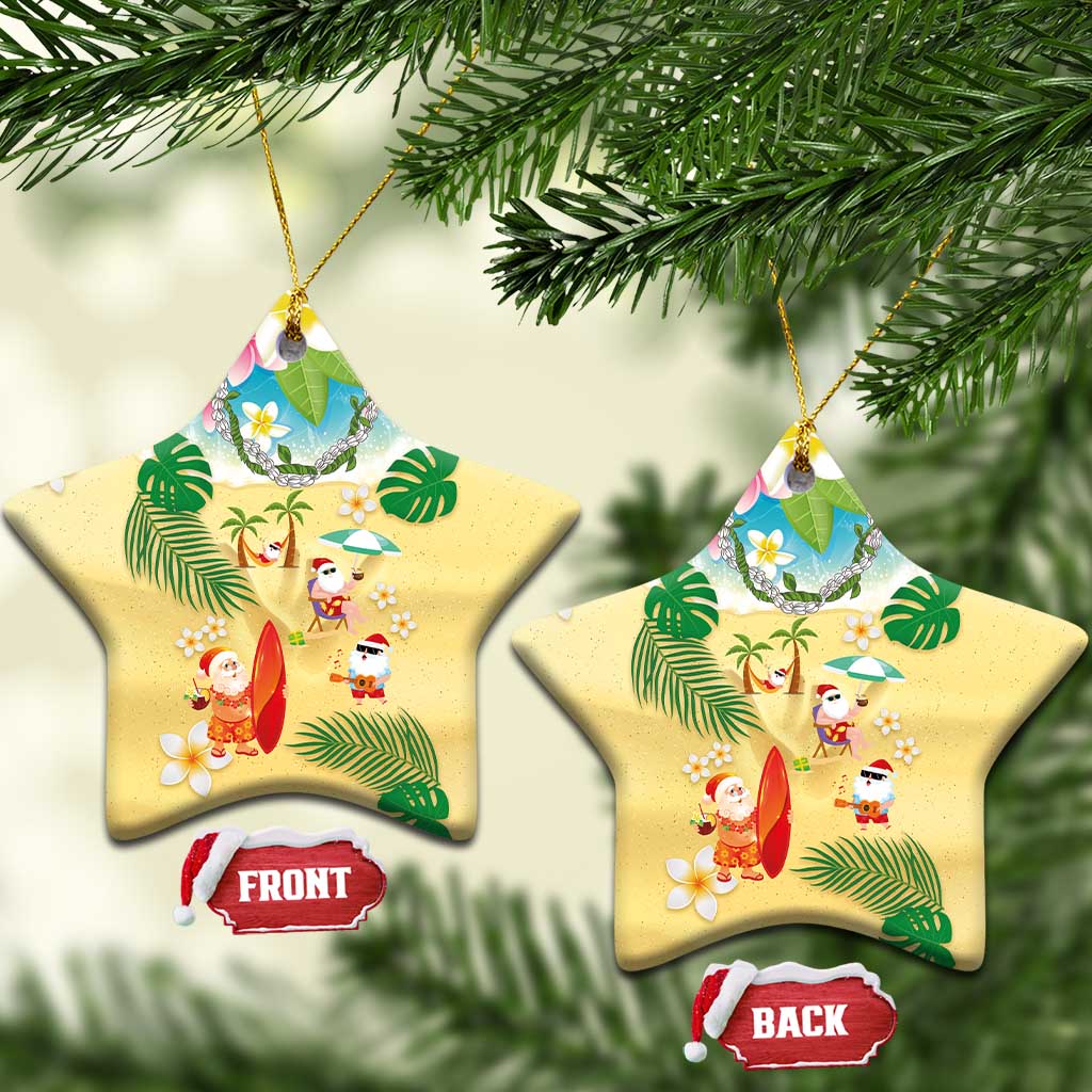 Hawaiian Mele Kalikimaka Ceramic Ornament Funny Santa Claus on Beach with Tropical Plants and Lei - Polynesian Pride